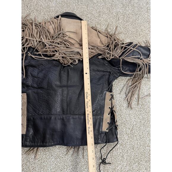 VTG UNIK Jacket Womens Medium Black Tan Leather Fringe Western Motorcycle Chaps - Picture 13 of 16
